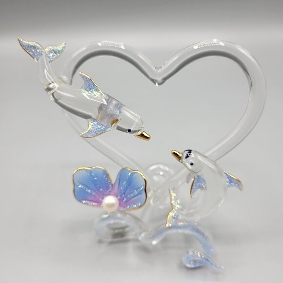Handcrafted Glass Dolphin Figurine Sparkly Flower Accent Love Valentine Gift - Picture 5 of 10